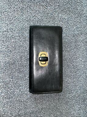 HOBO Black Leather Phone Wallet with Brass-Tone and houndstooth interior